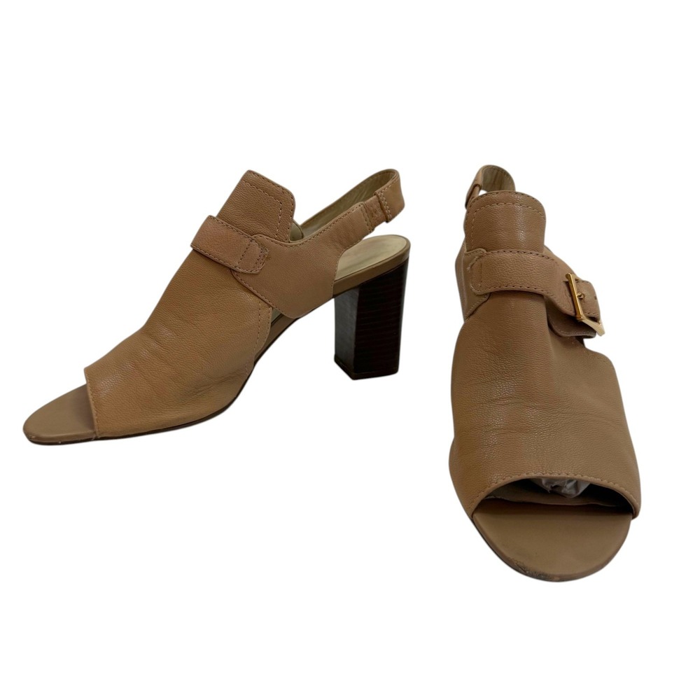 Franco Sarto Leather Slingback Heels Tan Block‎ Heel Open Toe Buckle Size 7.5